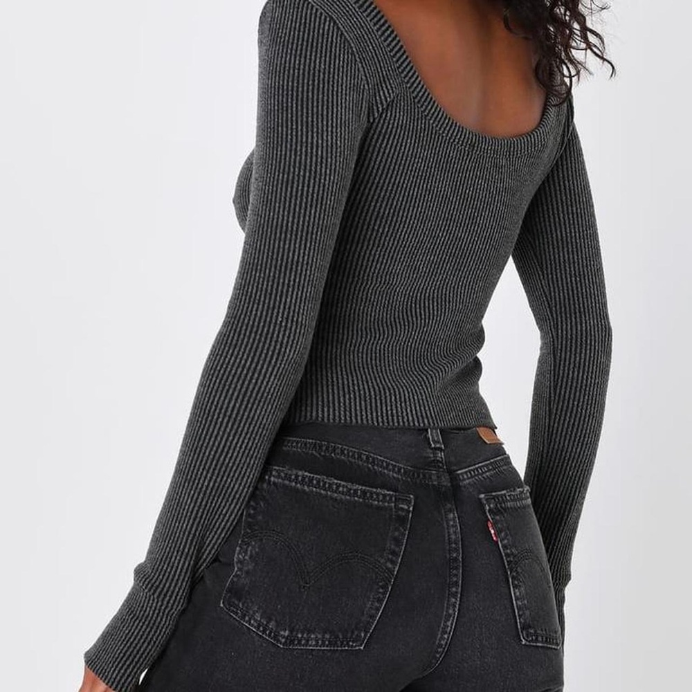 Lulus Ribbed Charcoal Long Sleeve Top - Picture 7 of 8